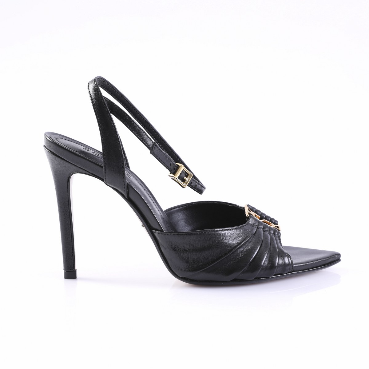 26SZ7259NR-1 Black leather high-heeled sandal with an ankle strap and gold buckle