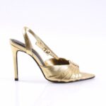 Gold metallic strappy high-heeled sandal with slingback and open toe, stiletto heel