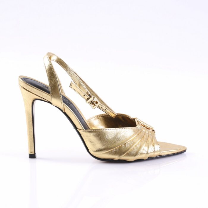 Gold metallic strappy high-heeled sandal with slingback and open toe, stiletto heel