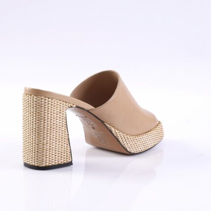 Beige open-back platform mule with a woven straw block heel, shown from the side