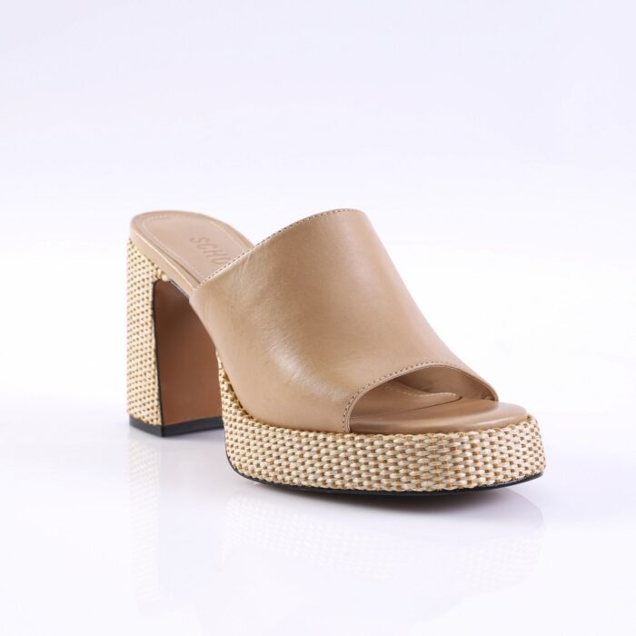 Beige open-toe mule with a single wide strap and a thick woven platform heel.