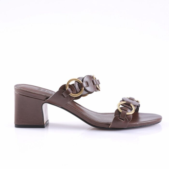 Brown leather sandal with a low block heel and two braided straps linked by large gold rings.