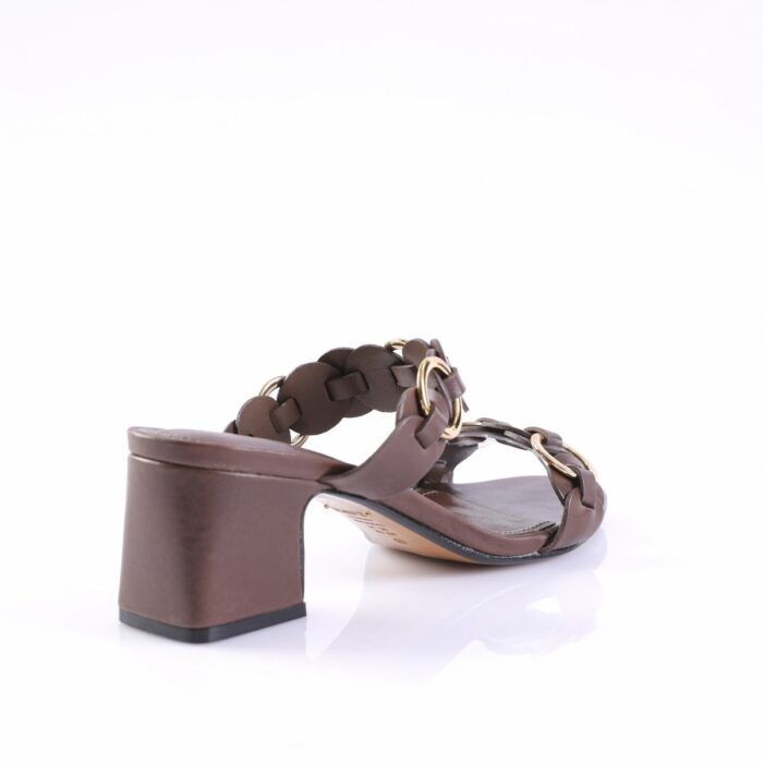 Brown braided-leather sandal with a chunky block heel and gold-tone rings.