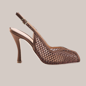 Brown mesh-pattern high-heeled sandal with ankle strap and stiletto heel.