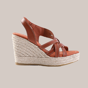 Brown leather wedge sandal with braided jute espadrille heel, multiple straps and open toe, side view