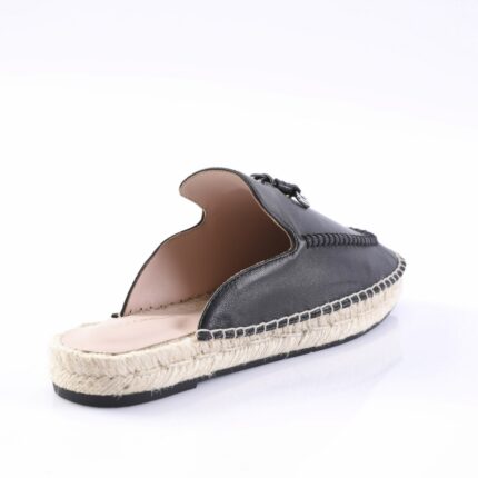 Black leather espadrille slide with a natural braided jute sole and open back, casual summer footwear.