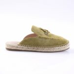 Olive green suede espadrille slip-on with rope sole and metal buckle detail.