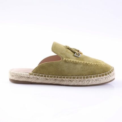Olive green suede espadrille slip-on with rope sole and metal buckle detail.