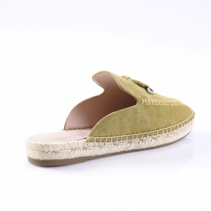 Olive green suede espadrille slide with braided jute sole and open back, side view showing stitching detail