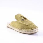 Olive-green suede espadrille slipper with a woven rope sole and decorative metal ring on the upper edge.
