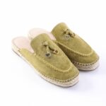 Olive-green suede espadrille loafers with stitched moccasin toe and rope sole.