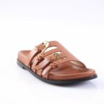 Brown leather slide sandal with two straps and gold buckles on a black sole.