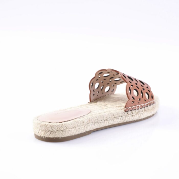 Brown perforated sandal with a braided rope sole, shown from the side on a white background, casual espadrille style