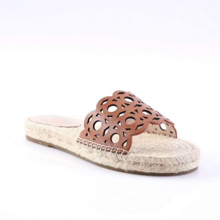 Brown leather sandal with a perforated decorative upper and braided jute sole.