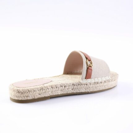 Beige espadrille sandal with a braided jute sole and a tan leather strap with a gold buckle