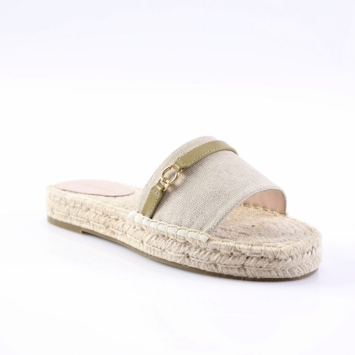 Beige fabric espadrille slide with braided jute sole and gold-accent strap.