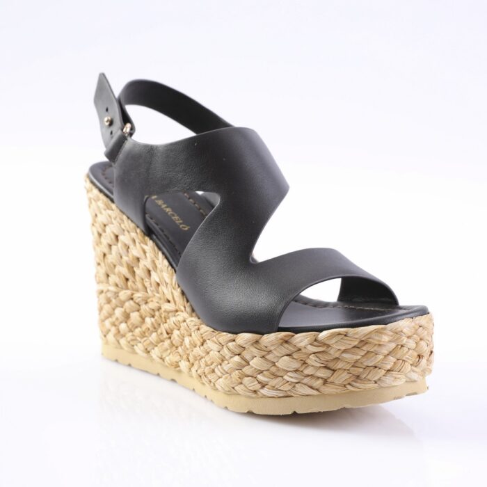 Black leather wedge sandal with a braided jute espadrille sole and ankle strap.