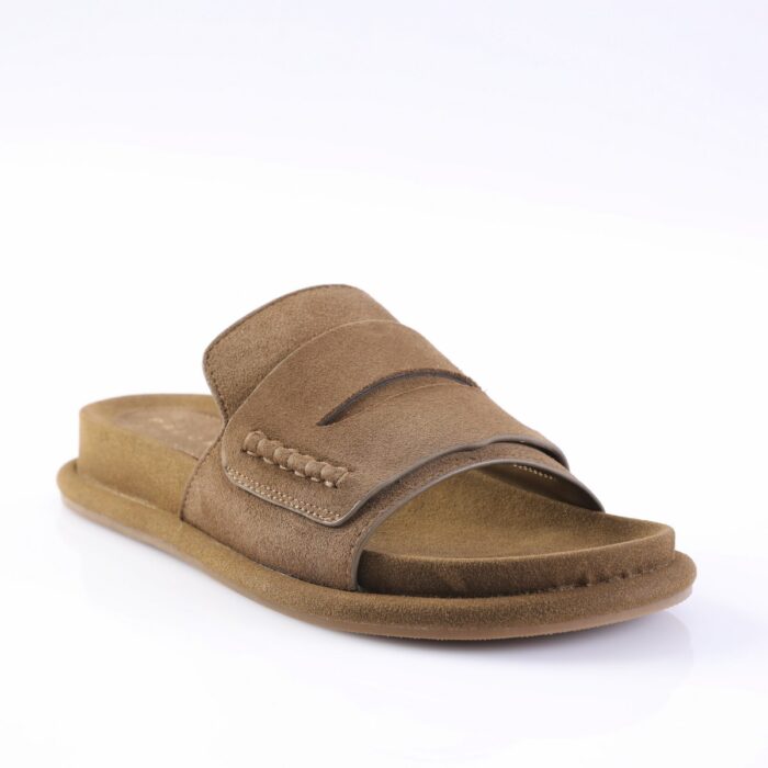 Brown suede slide sandal with a wide strap, decorative stitching, open toe, and contoured footbed.