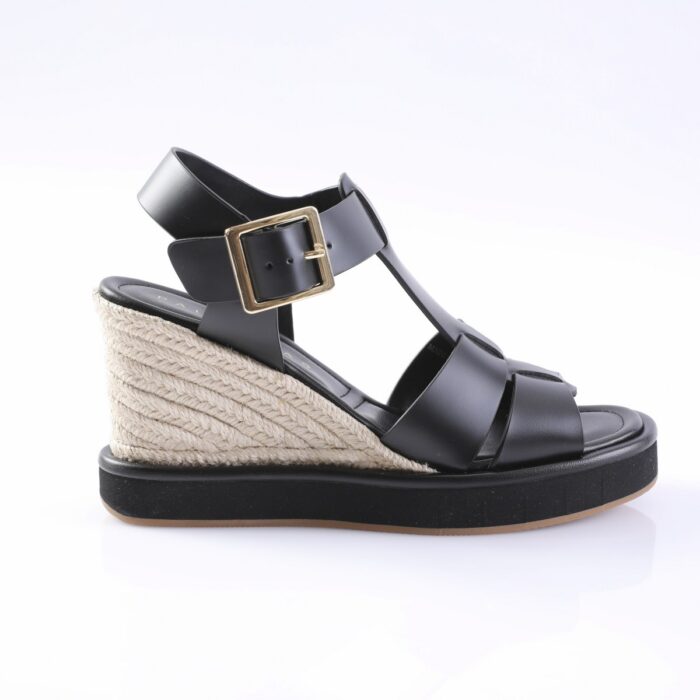 Black leather wedge sandal with a gold buckle, featuring braided jute-wrapped heel and black platform sole.