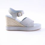 Light blue open-toe wedge sandal with rope-wrapped heel and ankle strap with a gold buckle.