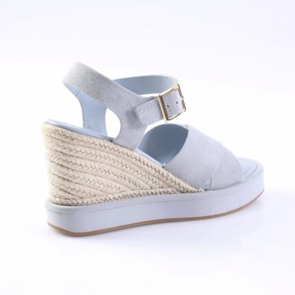 Light blue wedge espadrille sandal with braided rope heel and buckle strap