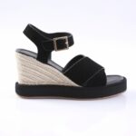 Black suede wedge sandal with ankle strap and gold buckle, espadrille rope wedge.