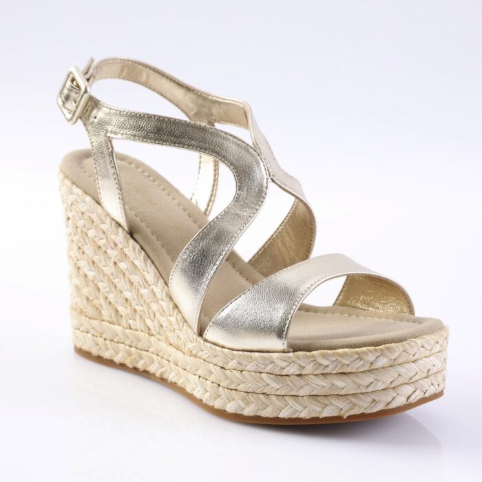 Gold metallic wedge sandal with braided espadrille heel and ankle strap.