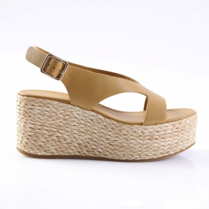 Tan leather wedge sandal with braided espadrille platform and ankle strap buckle