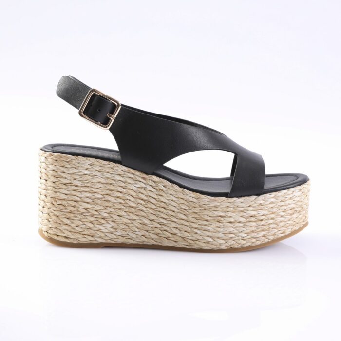 Black leather wedge sandal with braided rope platform and ankle strap, side view