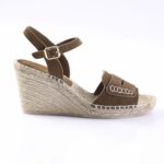 Brown suede wedge sandal with ankle strap and stitched front strap, jute-wrapped espadrille heel for women