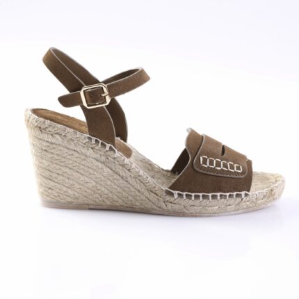 Brown suede wedge sandal with ankle strap and stitched front strap, jute-wrapped espadrille heel for women