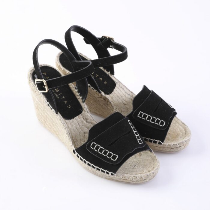 Black wedge espadrille sandals with ankle straps and front suede straps, jute-wrapped sole.