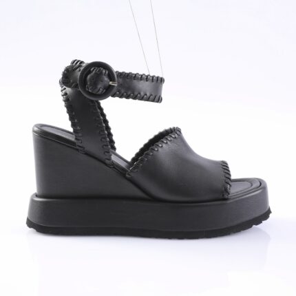 Black platform wedge sandal with stitched leather straps and ankle buckle.
