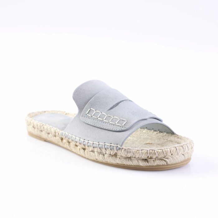 Light gray slip-on espadrille with a woven rope sole and closed toe strap, casual summer sandal