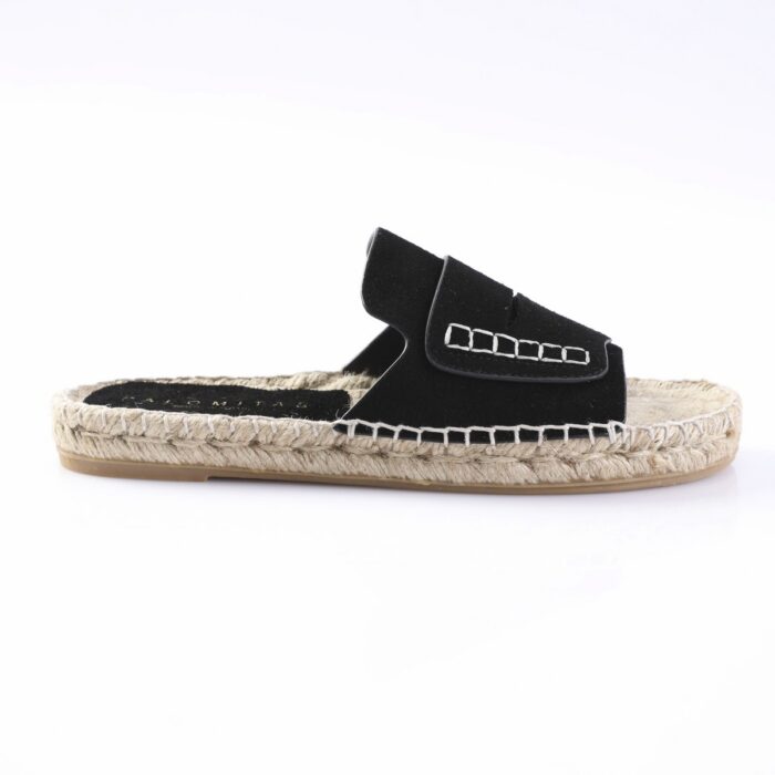 Black suede espadrille slide sandal with a woven rope sole and stitched strap detail on a white background.