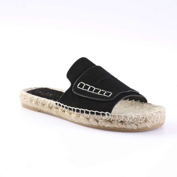 Black suede slide sandal with a rope-wrapped espadrille sole and white stitching detail at the strap.