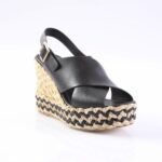 Black leather espadrille wedge sandal with braided jute sole and ankle buckle strap