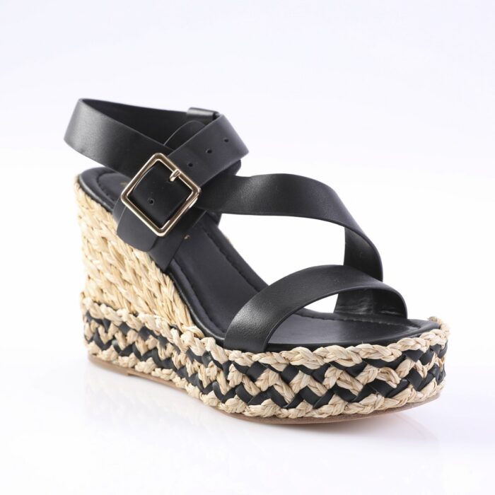 Black leather wedge sandal with a braided espadrille platform and gold buckle