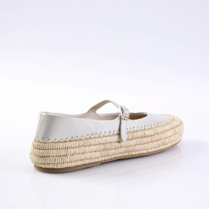 White leather Mary Jane with a braided jute espadrille sole and buckle strap used as a casual shoe footwear image.