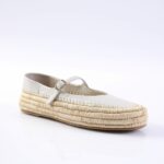 Cream espadrille with a braided jute sole and buckle strap, shown from the side.