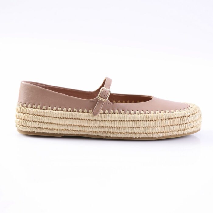 Blush-pink women's espadrille flat with a braided jute sole and a small buckle strap