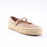 Light pink Mary Jane espadrille with a braided jute sole and an adjustable strap.