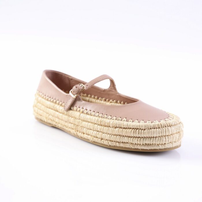 Light pink Mary Jane espadrille with a braided jute sole and an adjustable strap.