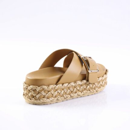 Beige espadrille sandal with braided rope platform and gold buckle detail viewed from side
