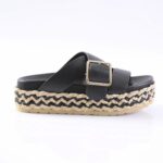 Black leather espadrille wedge sandal with braided jute midsole and gold buckle, side view