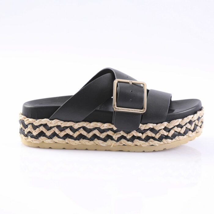 Black leather espadrille wedge sandal with braided jute midsole and gold buckle, side view