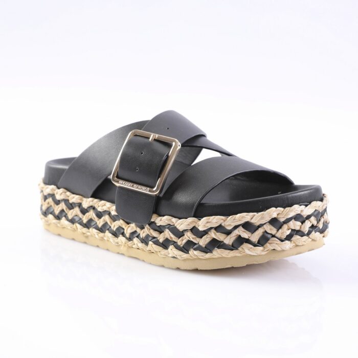 Black double-strap platform sandal with gold buckle and woven jute sole, viewed from side.