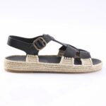 Black leather sandal with adjustable ankle strap and a beige woven espadrille-style sole.
