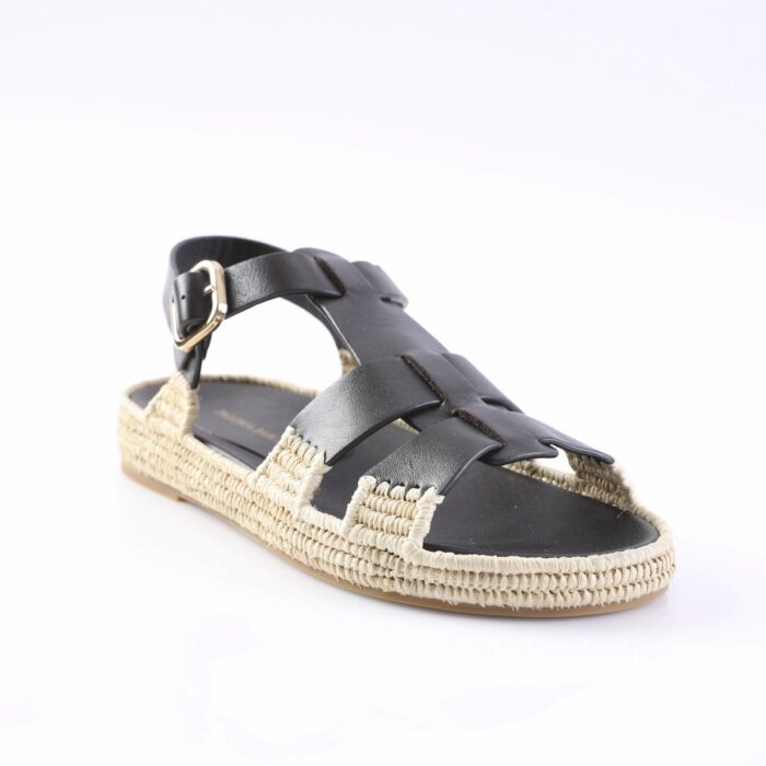 Black leather espadrille sandal with woven jute sole and ankle buckle strap, viewed from a side angle for casual wear.