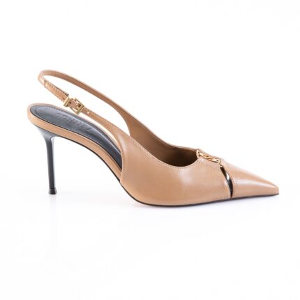 Beige leather slingback pump with a pointed toe and slim black stiletto heel, gold buckle strap.